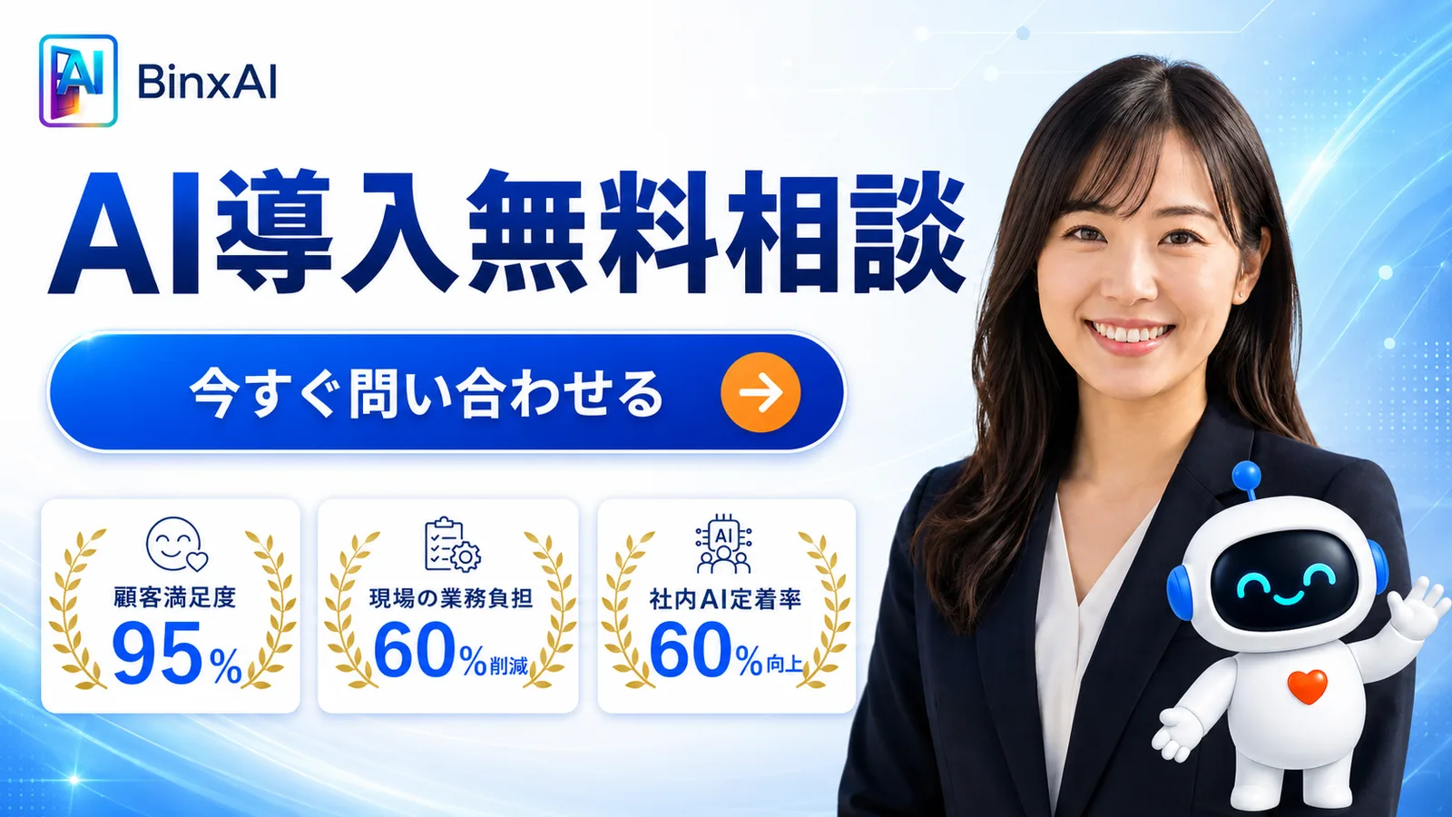 AI導入無料相談。顧客満足度95%、現場の業務負担60%削減、社内AI定着率60%向上