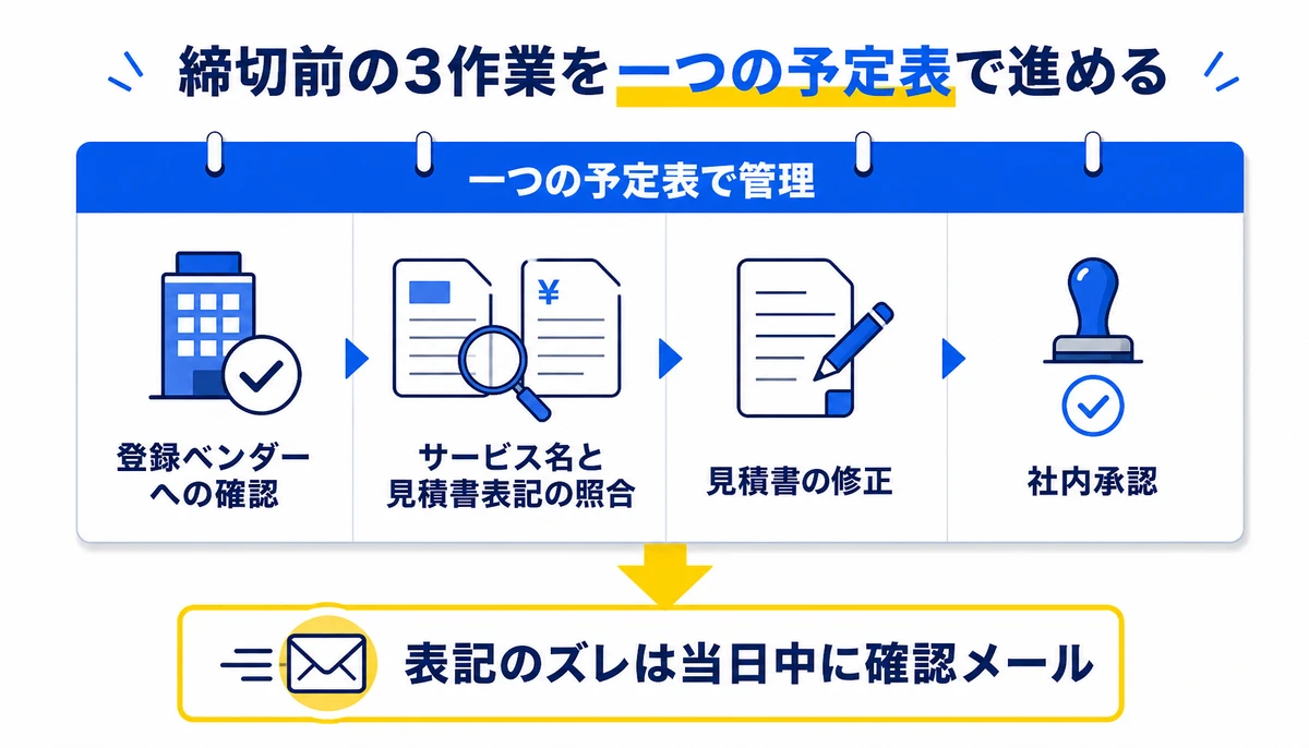 締切前の3作業を一つの予定表で進める。登録ベンダーへの確認、サービス名と見積書表記の照合、見積書の修正、社内承認、一つの予定表で管理、表記のズレは当日中に確認メール
