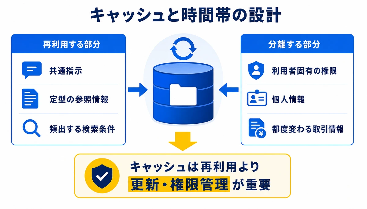 キャッシュは再利用より更新・権限管理が重要。再利用する部分、共通指示、定型の参照情報、頻出する検索条件、分離する部分、利用者固有の権限、個人情報、都度変わる取引情報