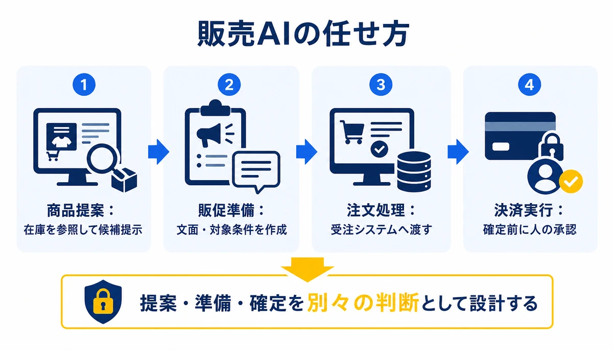 販売AIは提案・準備・確定を分けて任せる。商品提案:在庫を参照して候補提示、販促準備:文面・対象条件を作成、注文処理:受注システムへ渡す、決済実行:確定前に人の承認