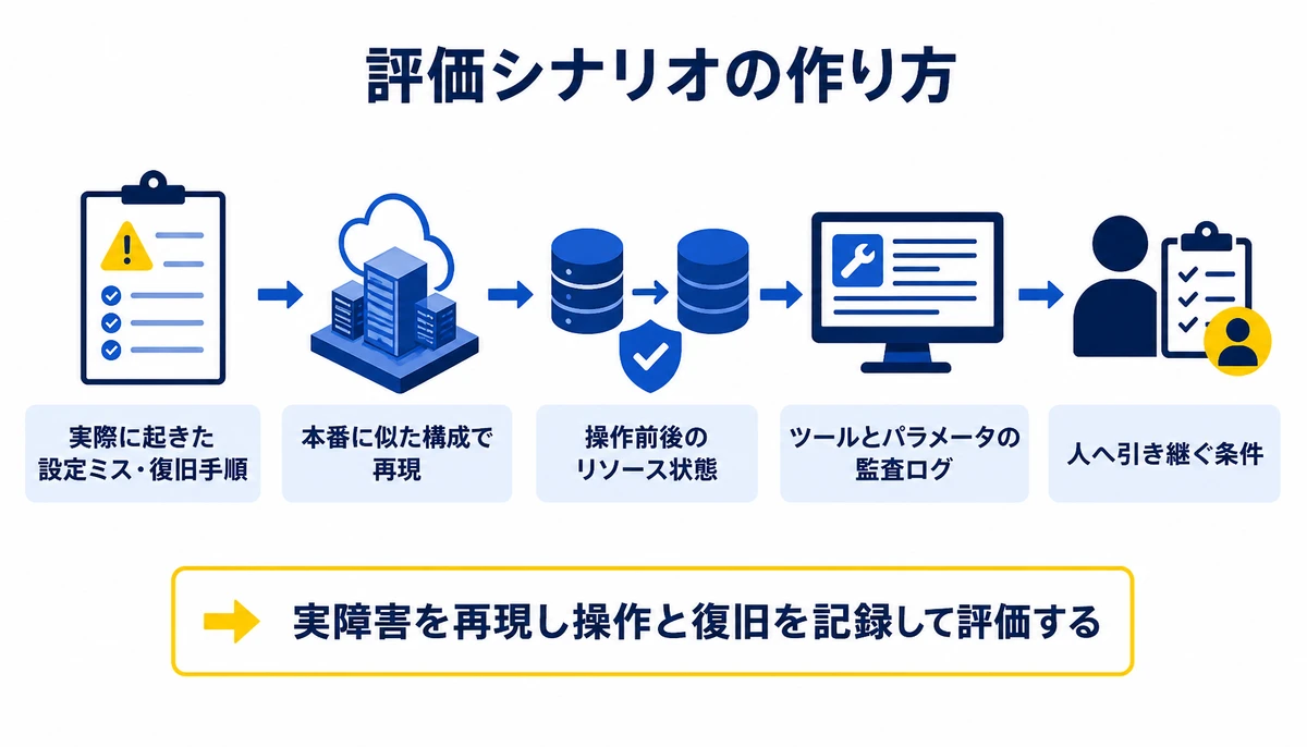 実障害を再現し操作と復旧を記録して評価する。実際に起きた設定ミス・復旧手順、本番に似た構成で再現、操作前後のリソース状態、ツールとパラメータの監査ログ、人へ引き継ぐ条件