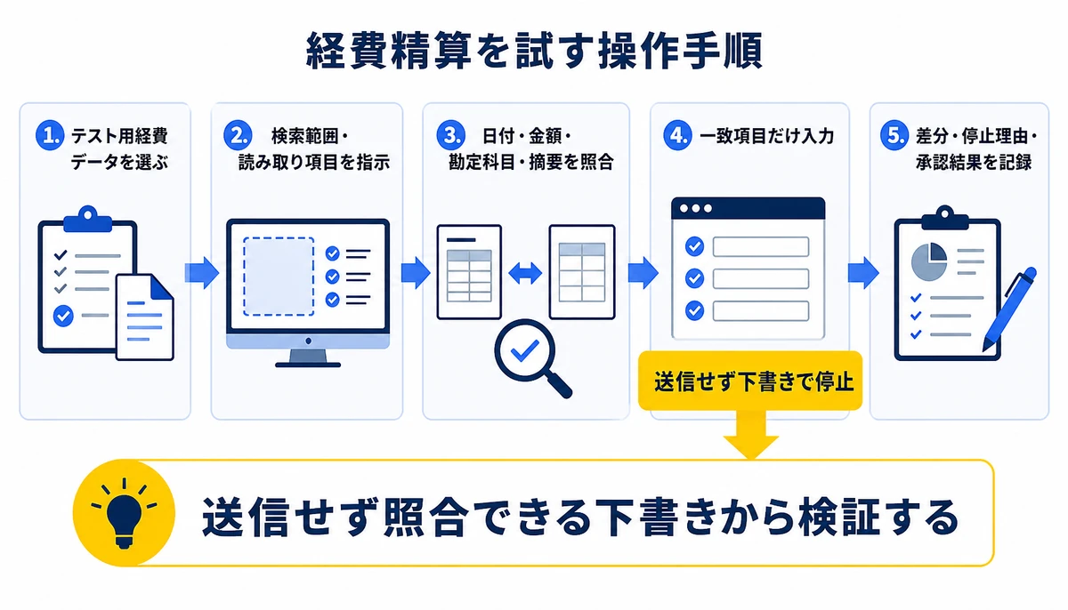 送信せず照合できる下書きから検証する。1. テスト用経費データを選ぶ、2. 検索範囲・読み取り項目を指示、3. 日付・金額・勘定科目・摘要を照合、4. 一致項目だけ入力、送信せず下書きで停止、5. 差分・停止理由・承認結果を記録