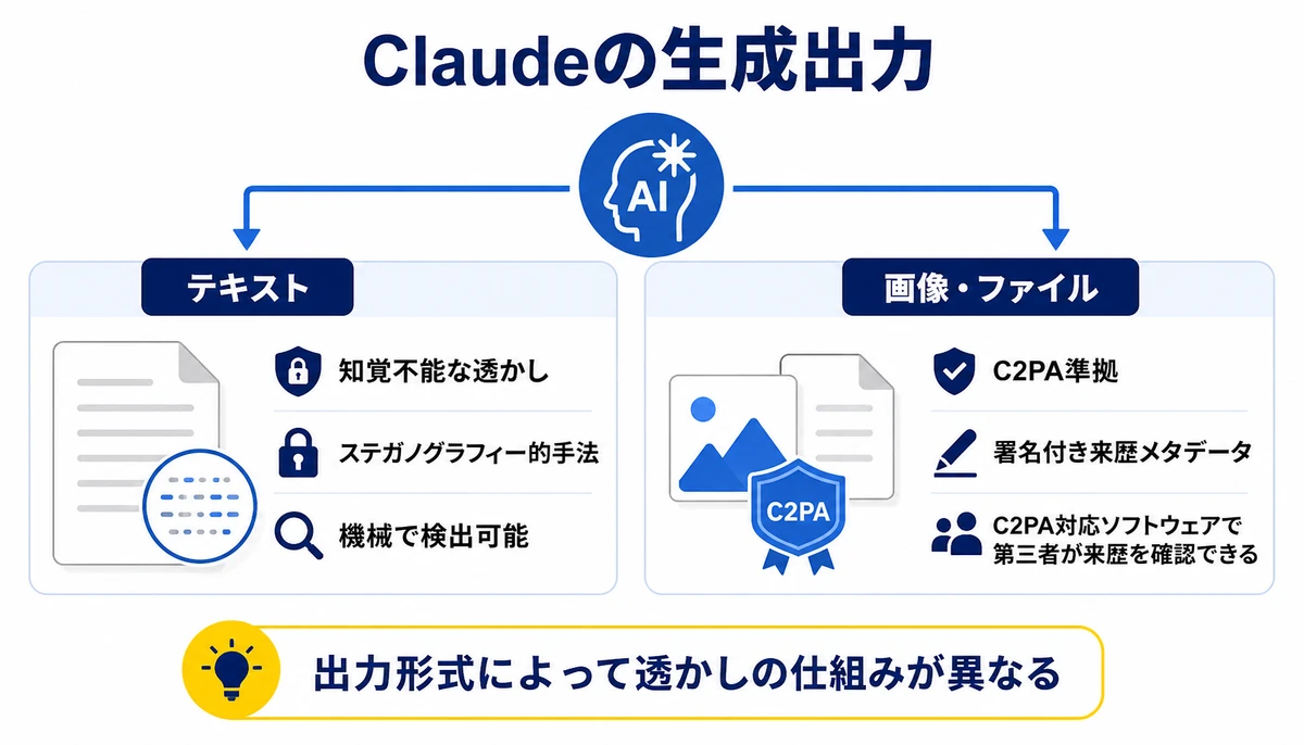 出力形式によって透かしの仕組みが異なる。Claudeの生成出力、テキスト、知覚不能な透かし、ステガノグラフィー的手法、画像・ファイル、C2PA準拠、署名付き来歴メタデータ、機械で検出可能