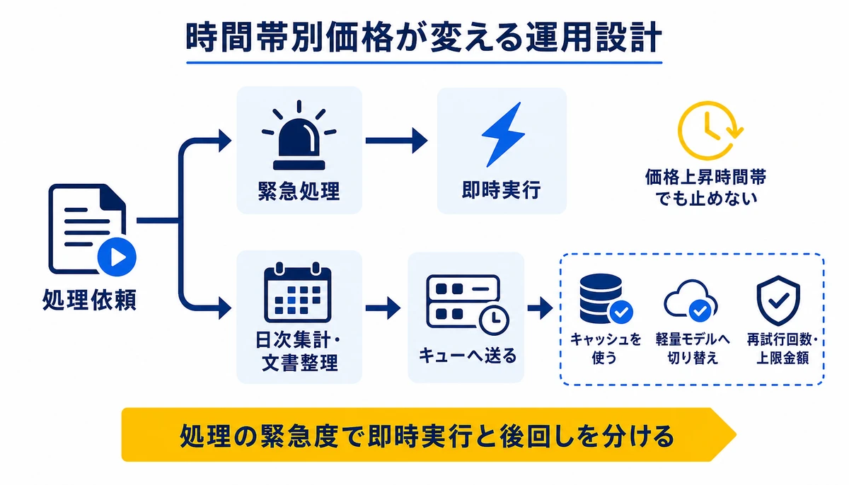 処理の緊急度で即時実行と後回しを分ける。処理依頼、緊急処理、即時実行、日次集計・文書整理、キューへ送る、キャッシュを使う、軽量モデルへ切り替え、再試行回数・上限金額