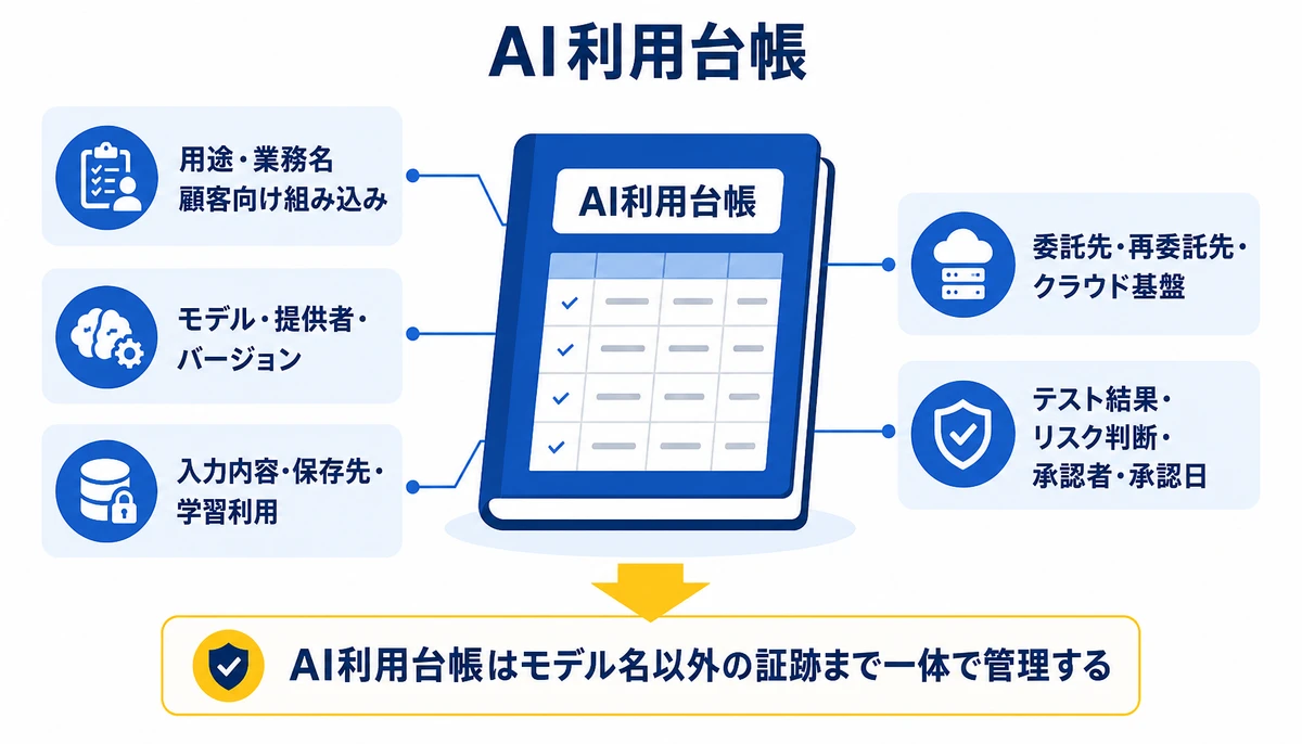 AI利用台帳はモデル名以外の証跡まで一体で管理する。AI利用台帳、用途・業務名、顧客向け組み込み、モデル・提供者・バージョン、入力内容・保存先・学習利用、委託先・再委託先・クラウド基盤、テスト結果・リスク判断・承認者・承認日