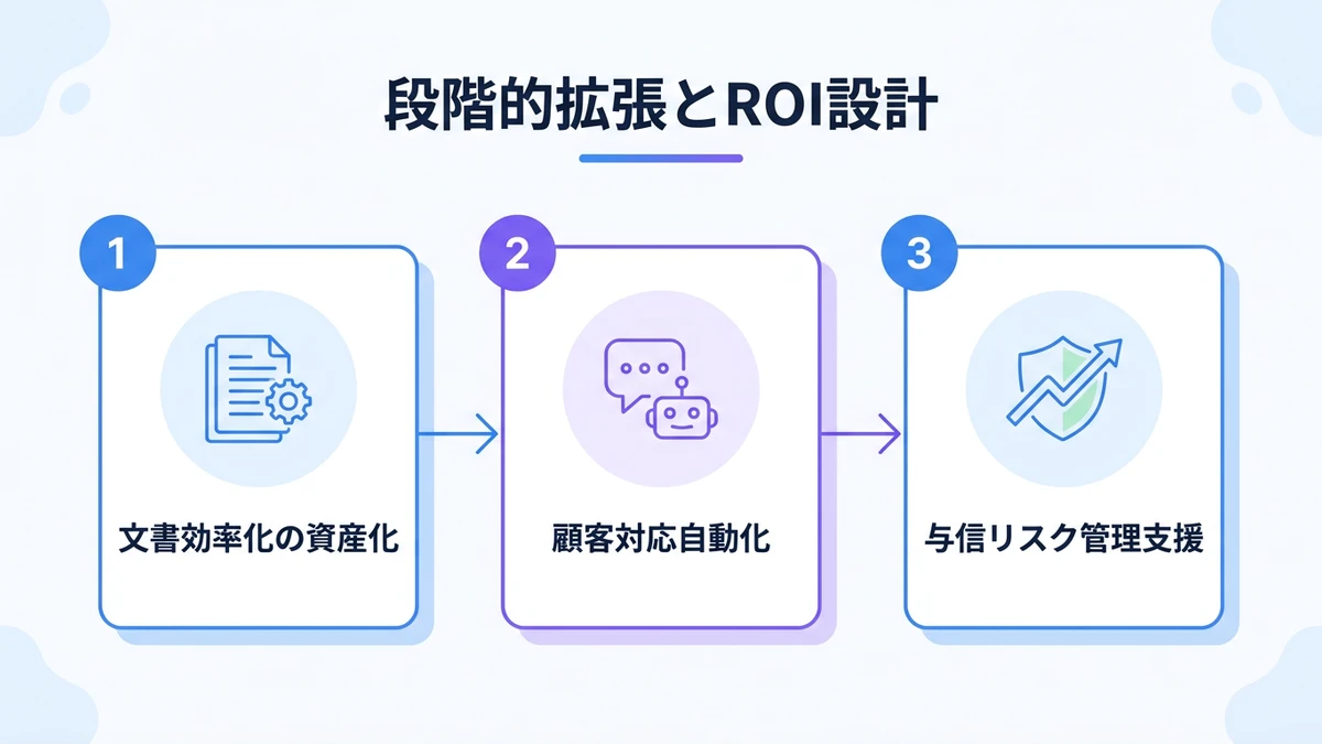段階的拡張の進め方とROI設計。Phase 0、Phase 1、Phase 2