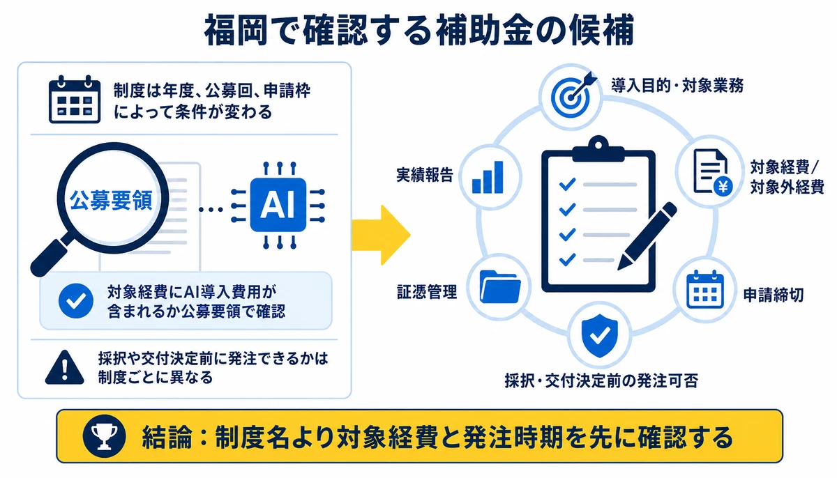 制度名より対象経費と発注時期を先に確認する。導入目的・対象業務、対象経費/対象外経費、申請締切、採択・交付決定前の発注可否、実績報告、証憑管理