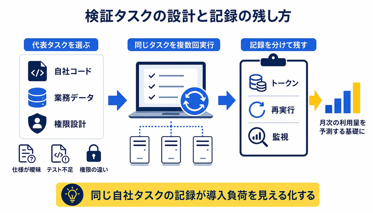 同じ自社タスクの記録が導入負荷を見える化する。自社コード、業務データ、権限設計、代表タスクを選ぶ、同じタスクを複数回実行、トークン、再実行、監視
