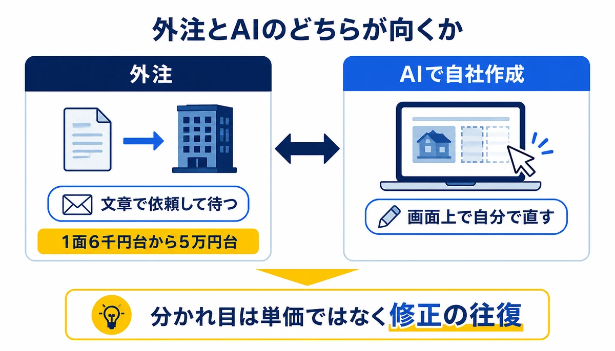 外注とAIで自社作成の比較。外注は1面6千円台から5万円台で文章で依頼して待つ。自社作成は画面上で自分で直す。分かれ目は単価ではなく修正の往復
