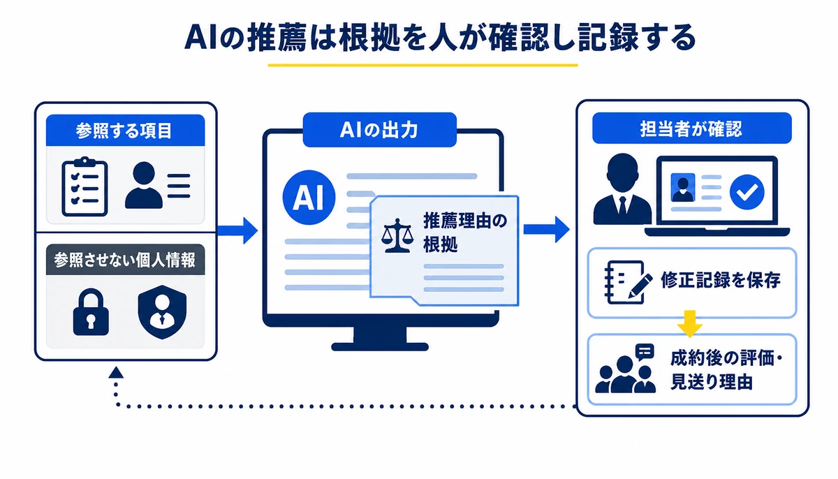 AIの推薦は根拠を人が確認し記録する。参照する項目、参照させない個人情報、AIの出力、推薦理由の根拠、担当者が確認、修正記録を保存、成約後の評価・見送り理由