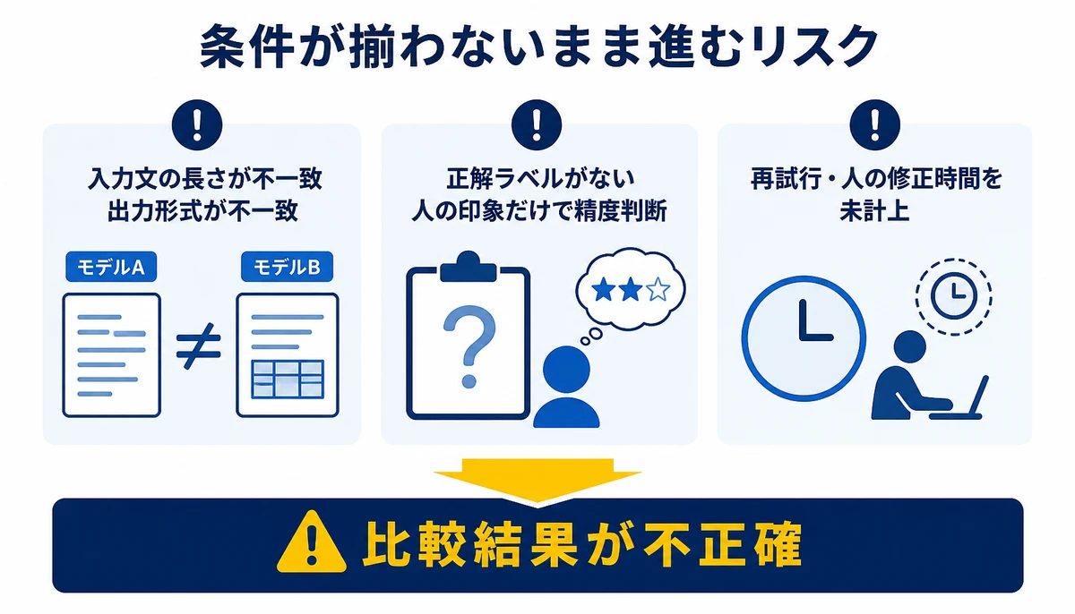 条件と修正時間が揃わないと比較を誤る。入力文の長さが不一致、出力形式が不一致、正解ラベルがない、人の印象だけで精度判断、再試行・人の修正時間を未計上、比較結果が不正確