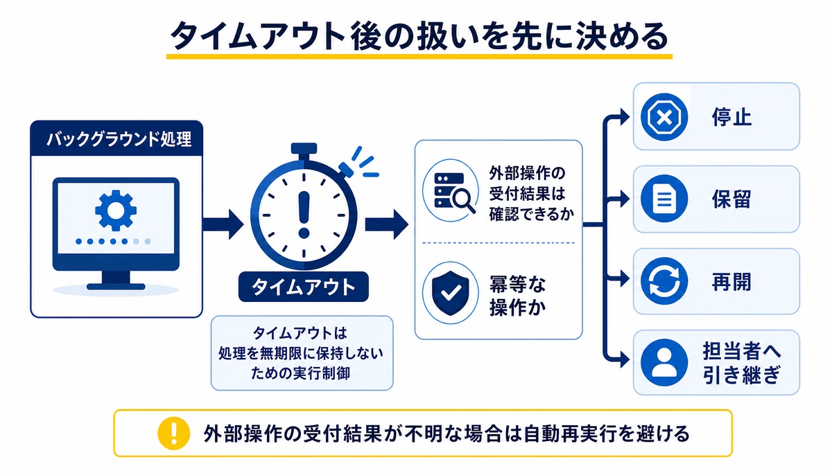 タイムアウト後の扱いを先に決める。バックグラウンド処理、タイムアウト、外部操作の受付結果は確認できるか、冪等な操作か、停止、保留、再開、担当者へ引き継ぎ