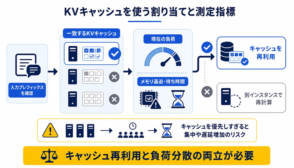 キャッシュ再利用と負荷分散の両立が必要。入力プレフィックスを確認、一致するKVキャッシュ、現在の負荷、メモリ逼迫・待ち時間、キャッシュを再利用、別インスタンスで再計算