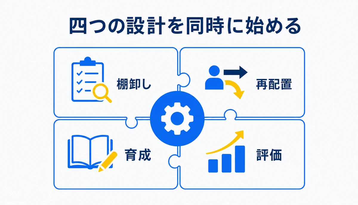 削減・移行・育成・評価を導入前に一体設計する。AI導入前の一枚の設計図、削減対象、作業単位で棚卸し、再配置先、部署・役割・受け入れ枠、研修、座学・実技・同行期間、移行後評価