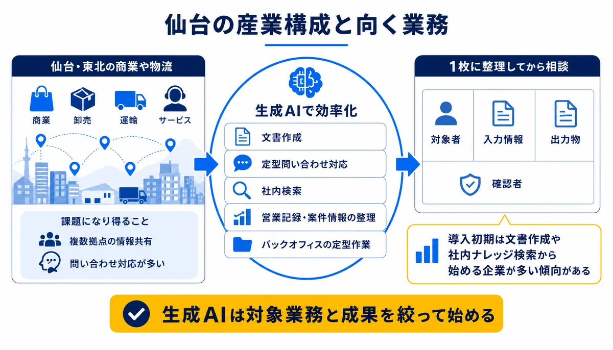 生成AIは対象業務と成果を絞って始める。文書作成、定型問い合わせ対応、社内検索、営業記録・案件情報の整理、バックオフィスの定型作業、対象者、入力情報、出力物