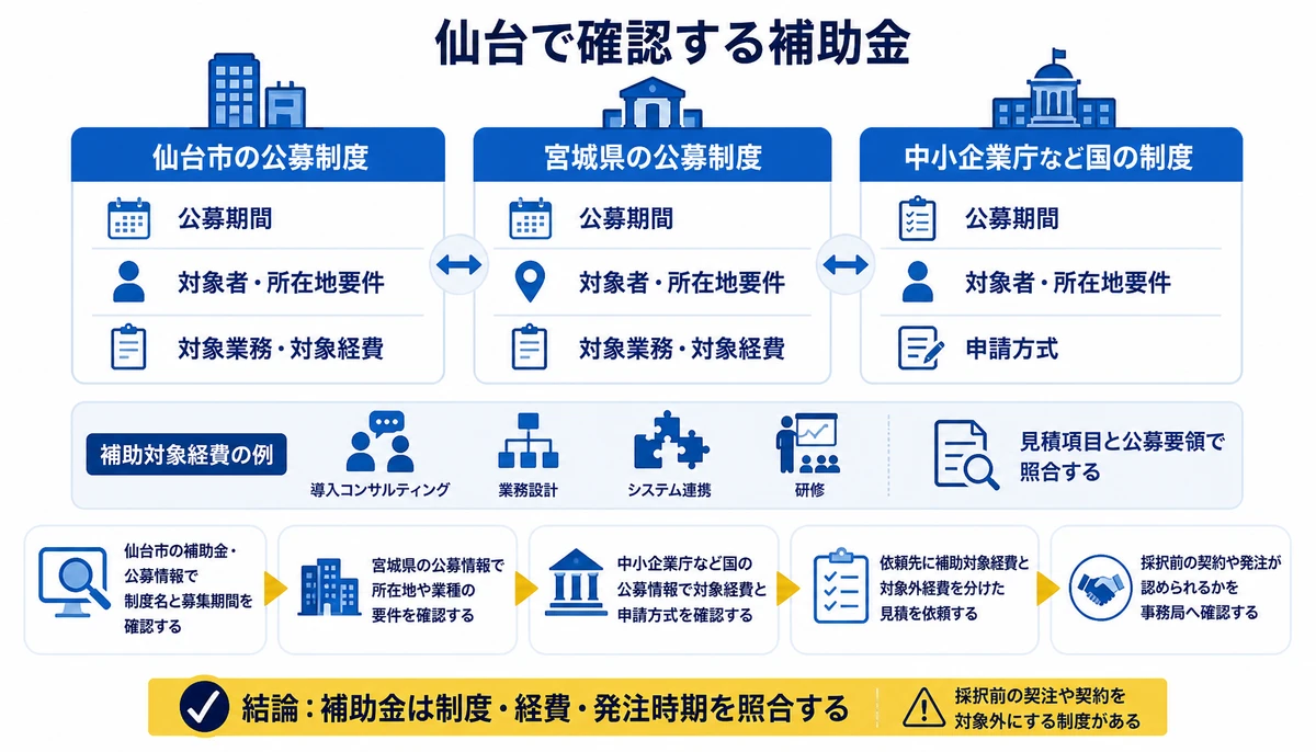 補助金は制度・経費・発注時期を照合する。仙台市の公募制度、宮城県の公募制度、中小企業庁など国の制度、公募期間、対象者・所在地要件、対象業務・対象経費、申請方式、補助対象経費