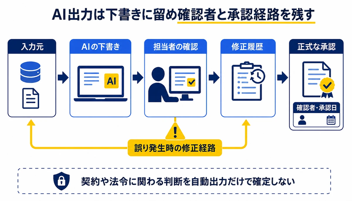 AI出力は下書きに留め確認者と承認経路を残す。入力元、AIの下書き、担当者の確認、修正履歴、正式な承認、確認者・承認日、誤り発生時の修正経路